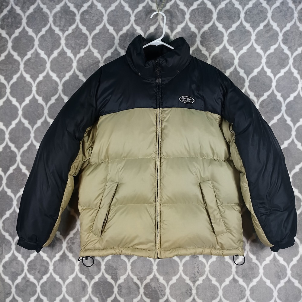 Eddie Bauer EBTEK Down Jacket Men M Black Tan Colorblock Quilted Puffer Full Zip